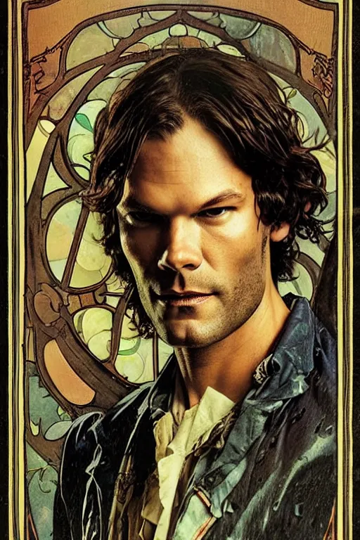 Prompt: a detailed tarot card of jared padalecki in a supernatural sherlock holmes story, 1 8 th century london in the rain, city streets, ominous, masterpiece, 8 k, art by alphonse mucha and greg rutkowski