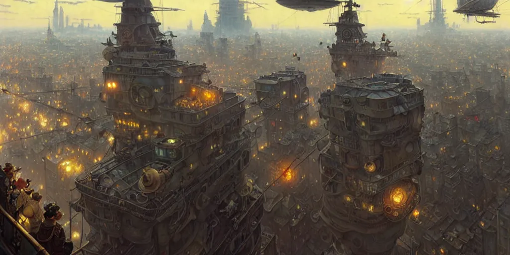 Image similar to steampunk airship above a busy city, exquisite details, denoised, mid view, by norman rockwell, karl kopinski, artsation, greg rutkowski, makoto shinkai, takashi takeuchi, studio ghibli