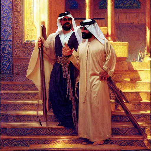 Image similar to attractive fully clothed arab king confesses his love for his attractive fully clothed male prince. highly detailed painting by gaston bussiere, craig mullins, j. c. leyendecker