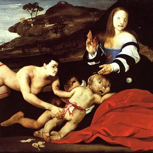 Prompt: The blood-dimmed tide is loosed and everywhere the ceremony of innocence is drowned, painted by Diego Velazquez