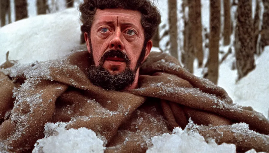 Image similar to 1 9 6 0 s movie still close up of marcus aurelius wearing legionnaire clothes frozen to death under the snow by the side of a river with gravel, pine forests, cinestill 8 0 0 t 3 5 mm, high quality, heavy grain, high detail, texture, dramatic light, anamorphic, hyperrealistic, detailed hair, bright sun