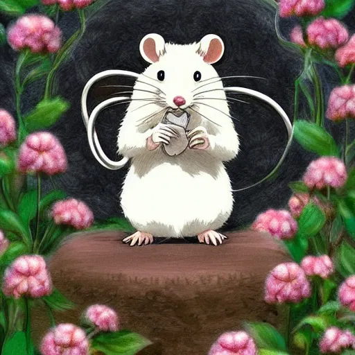 Image similar to white rat holding a flower cinematic composition, studio ghibli, digital art, cute