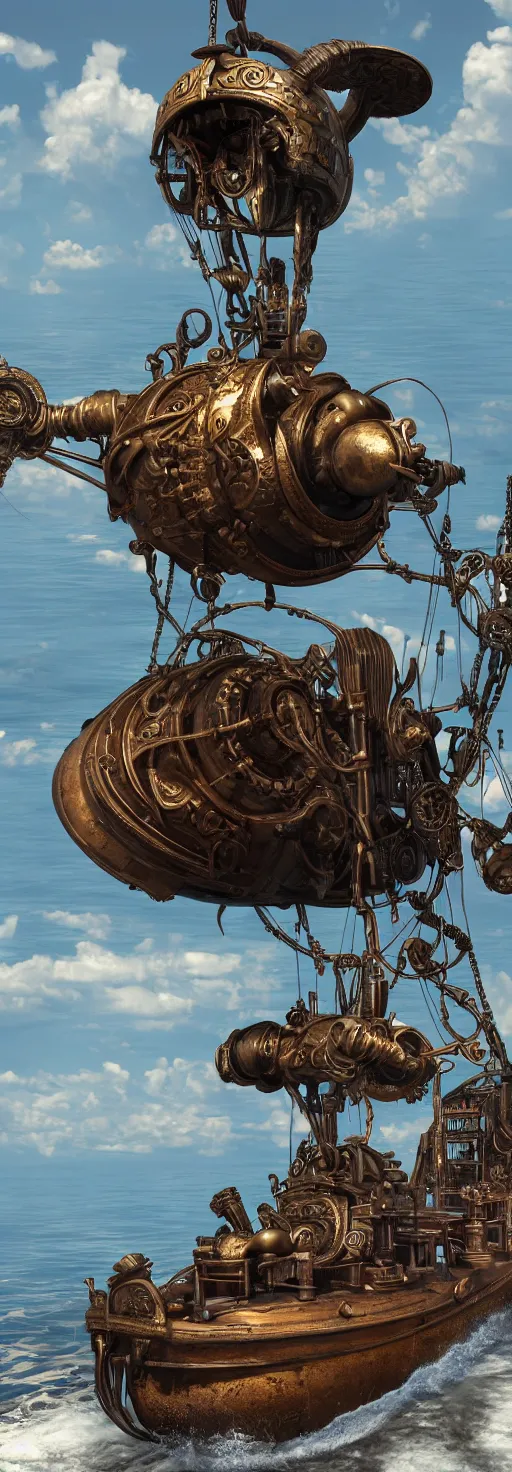 Image similar to a flying steampunk, steamboat from the 1 9 0 0 s with huge african mask on the front of the boat carrying black people across the mississippi river, bioshock infinite, detailed, behrens style, unreal 5 render, fantasy digital art, octane render, beautiful composition, trending on artstation