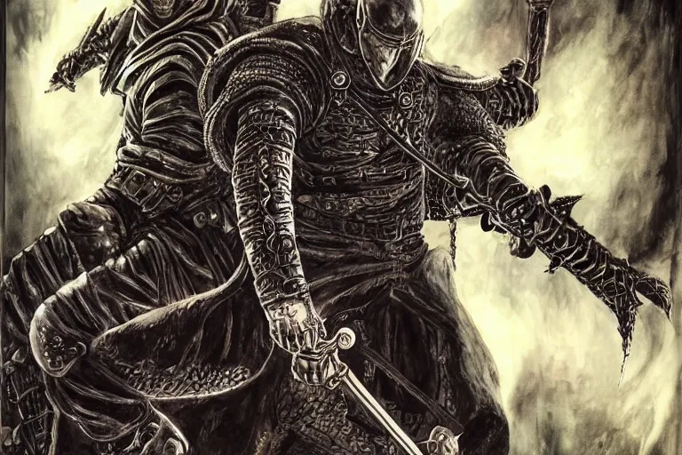 Image similar to guts, big black sword, detailed face, high detail, castle background, colourful, epic scene, high contrast, by kentaro miura