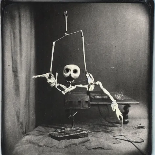 Prompt: female, creepy marionette puppet, horrific, unnerving, clockwork horror, pediophobia, lost photograph, dark, forgotten, final photo found before disaster, human laying unconscious in the background, polaroid,