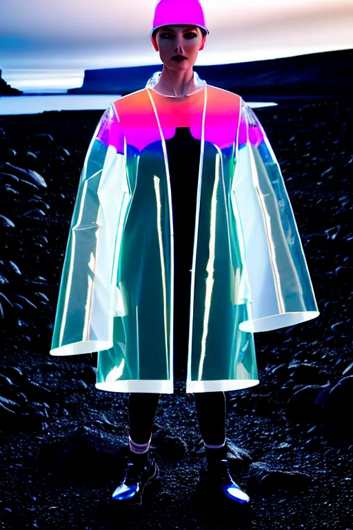 Image similar to an ultra high definition professional high fashion portrait studio full length photograph of a model wearing a transparent pearlescent raincoat and neon visor in an icelandic black rock environment at dawn. no artefacts. extremely detailed. stark. refraction. shallow depth of field. volumetric light and shadow. ray tracing. light rays.