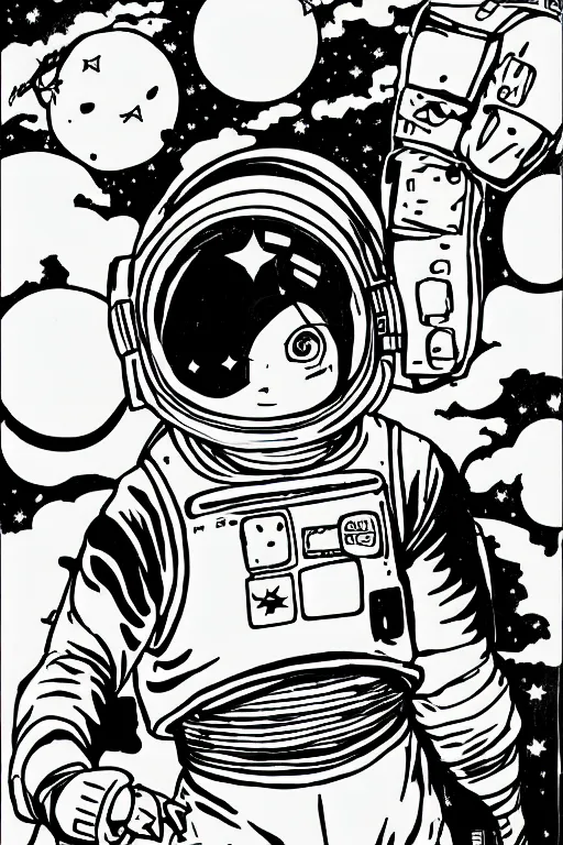 Image similar to manga portrait of a woman wearing a astronaut suit, akira toriyama, lineart, black and white, scifi, big clouds visible in the background, stars in the sky, high contrast, deep black tones