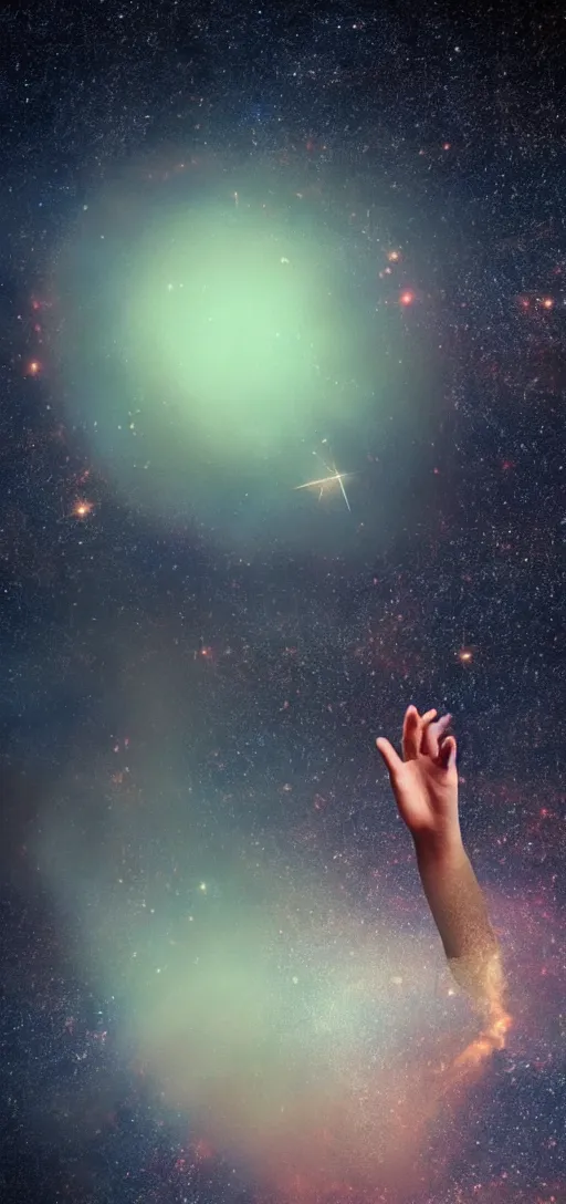 Image similar to a giant human pointing its finger to the universe, star dust, cosmos