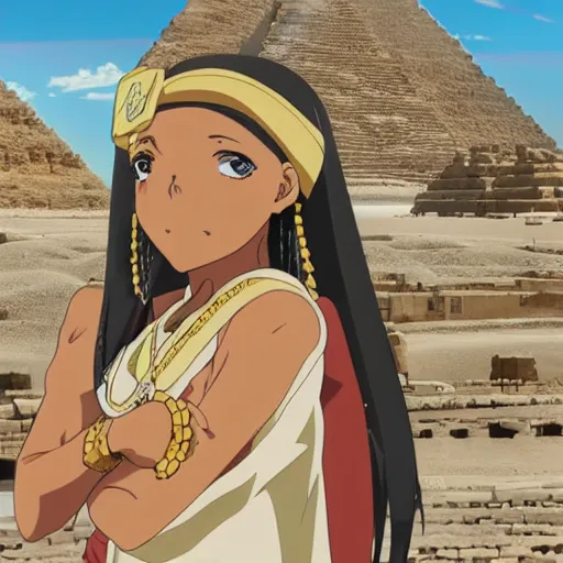 Prompt: A anime still of a portrait of a black woman with ancient egypt ruins as background