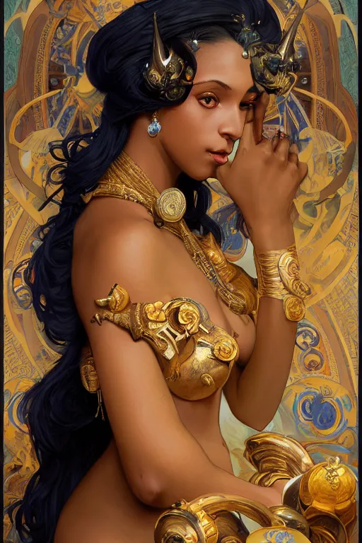 Image similar to a beautiful deep blue skinned woman, big ram horns, flowing dress, gold jewellery, dnd, face, fantasy, intricate, elegant, highly detailed, digital painting, artstation, concept art, smooth, sharp focus, illustration, art by artgerm and greg rutkowski and alphonse mucha