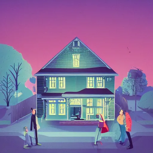 Prompt: people looking at a house, intricate, elegant, highly detailed, vector illustration, artstation, concept art, smooth, sharp focus, illustration, art by samuel werczler, tom whalen, niark 1, jonny wan, sea green color theme