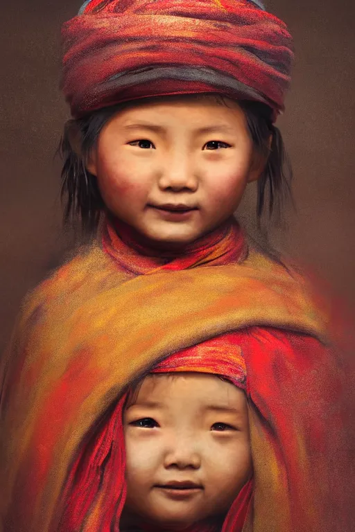 Image similar to Tibetan little girl, joyful, close-up portrait, intricate, elegant, volumetric lighting, scenery, digital painting, highly detailed, artstation, sharp focus, illustration, concept art, ruan jia, steve mccurry