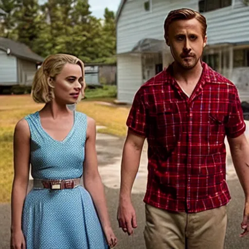 Image similar to still of ryan gosling and margot robbie, in stranger things