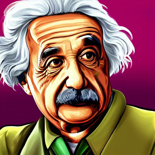 Image similar to illustration gta 5 artwork of albert einstein, in the style of gta 5 loading screen, by stephen bliss