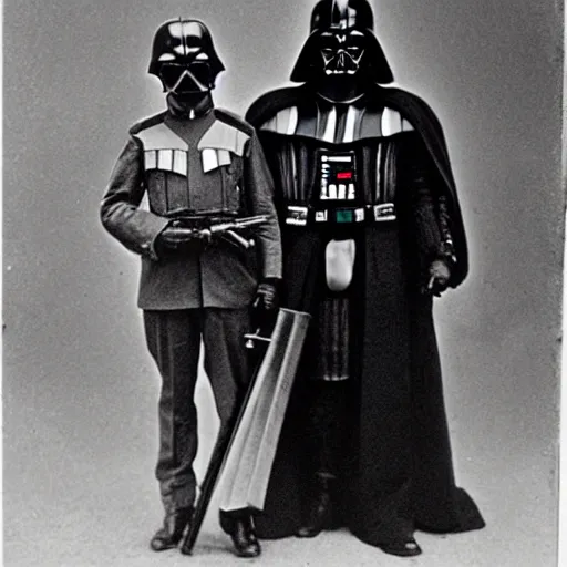 Prompt: old wartime photograph of darth vader holding a lewis gun, 1 9 1 7