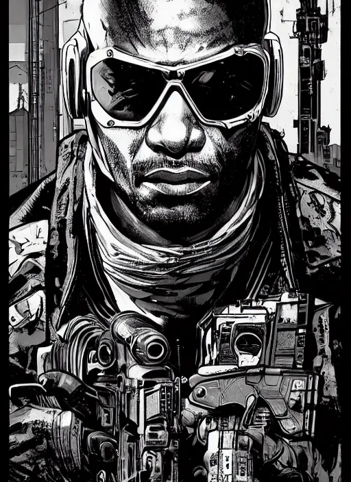 Prompt: cyberpunk blackops spy. night vision. chidi igwe. portrait by ashley wood and alphonse mucha and laurie greasley and josan gonzalez and james gurney. spliner cell, apex legends, rb 6 s, hl 2, d & d, cyberpunk 2 0 7 7. realistic face. dystopian setting.