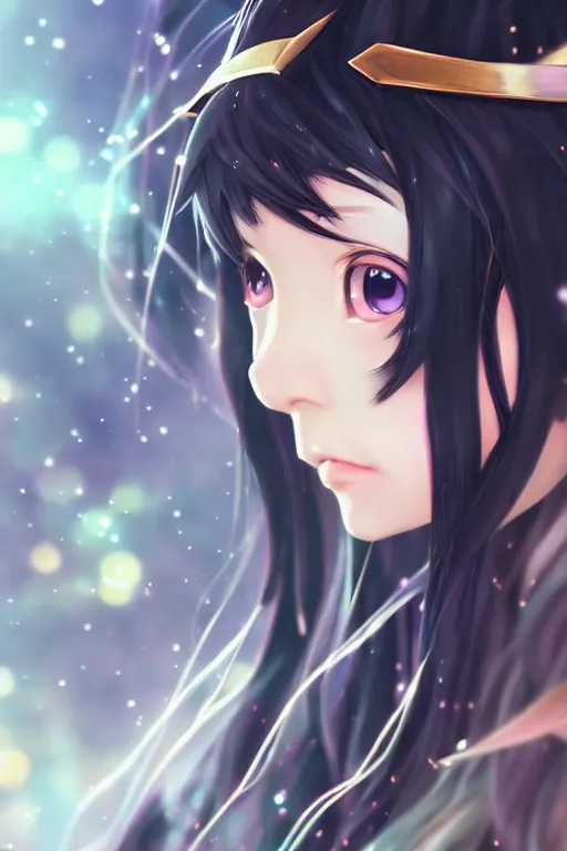 Image similar to adorable young cute anime elf girl, long black hair, fantasy armor, symmetrical face. symmetrical detailed defined eyes. beautiful lineart. bokeh pixiv # 1 ranking depth focus, chromatic aberration, noise, soft lighting, srgb, 4 k, cinematic