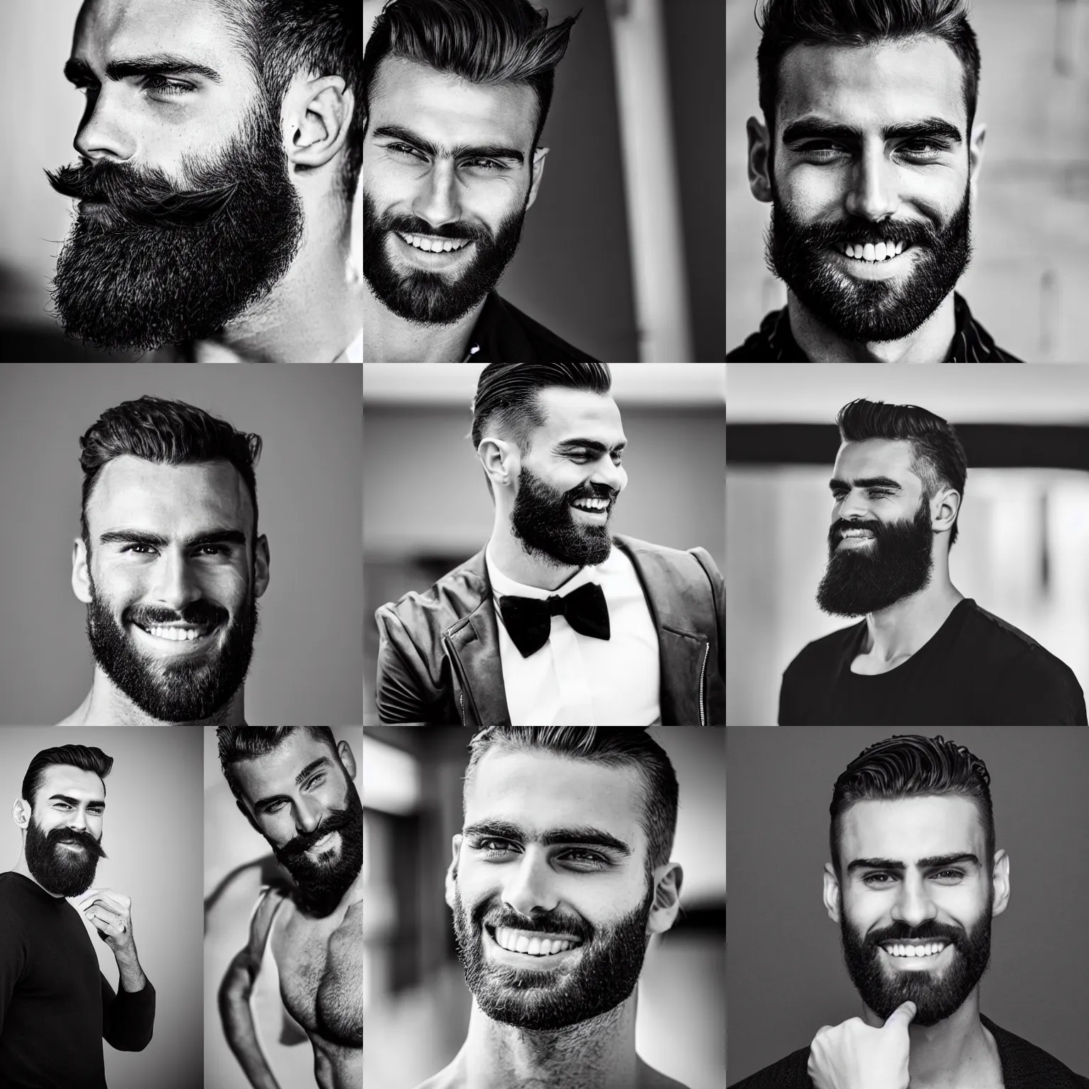 Prompt: gigachad black and white photo, smiling, trimmed beard, square jaw, hairstyle