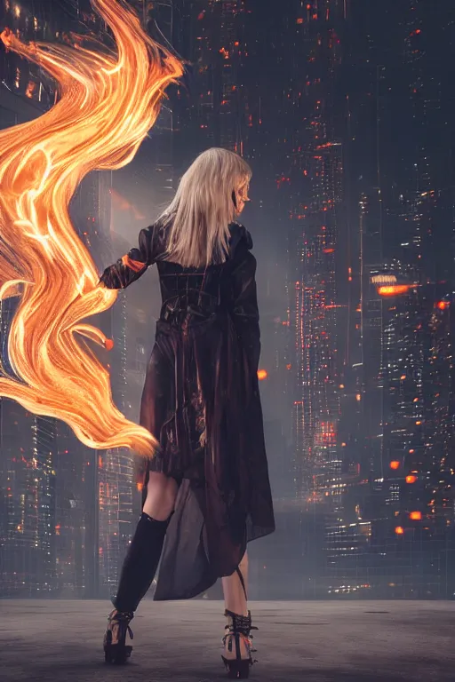 Prompt: young blonde woman from behind with flames dancing on her hands with a long jacket in a cyberpunk city, realistic, high definition, 4K, shimmering color, epic digital art