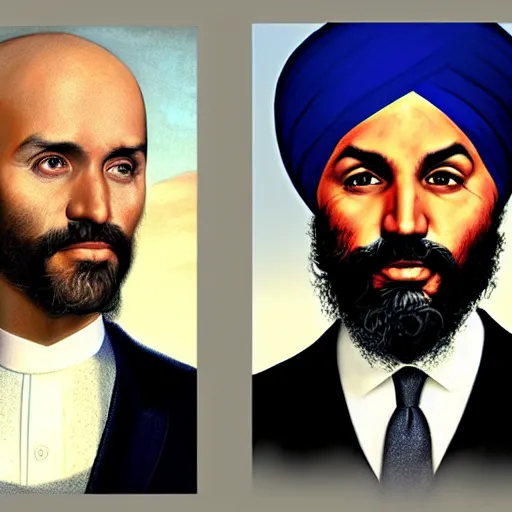 Image similar to Justin Trudeau and Jagmeet Singh in the american gothic painting, concept art, sharp focus, highly detailed digital painting by Grant Wood, artstation