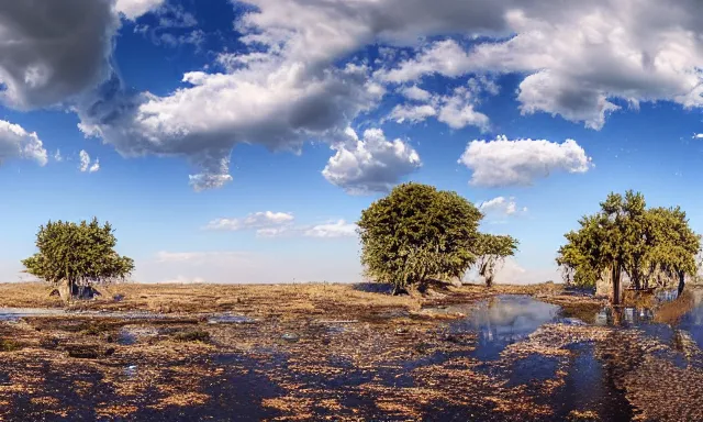 Image similar to panorama of big raindrops flying upwards into the perfect cloudless blue sky from a dried up river in a desolate land, dead trees, blue sky, hot and sunny highly-detailed, elegant, dramatic lighting, artstation, 4k, cinematic landscape, photograph by National Geographic