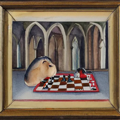 Image similar to a guinea pig and a rabbit playing chess in a cathedral, watercolour