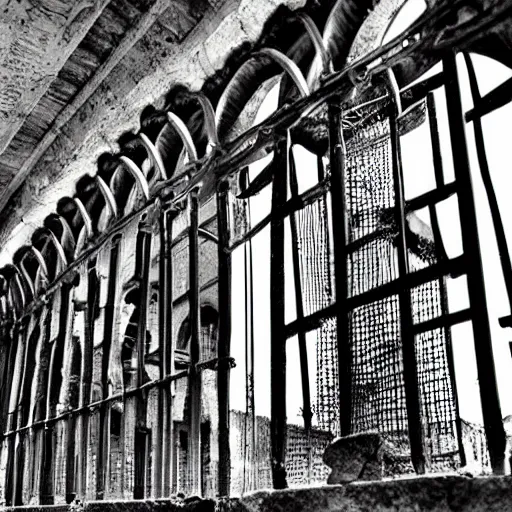 Prompt: the ruins of cities with pillars of smothered stone and twisted iron bars bended by fire in intricate patterns