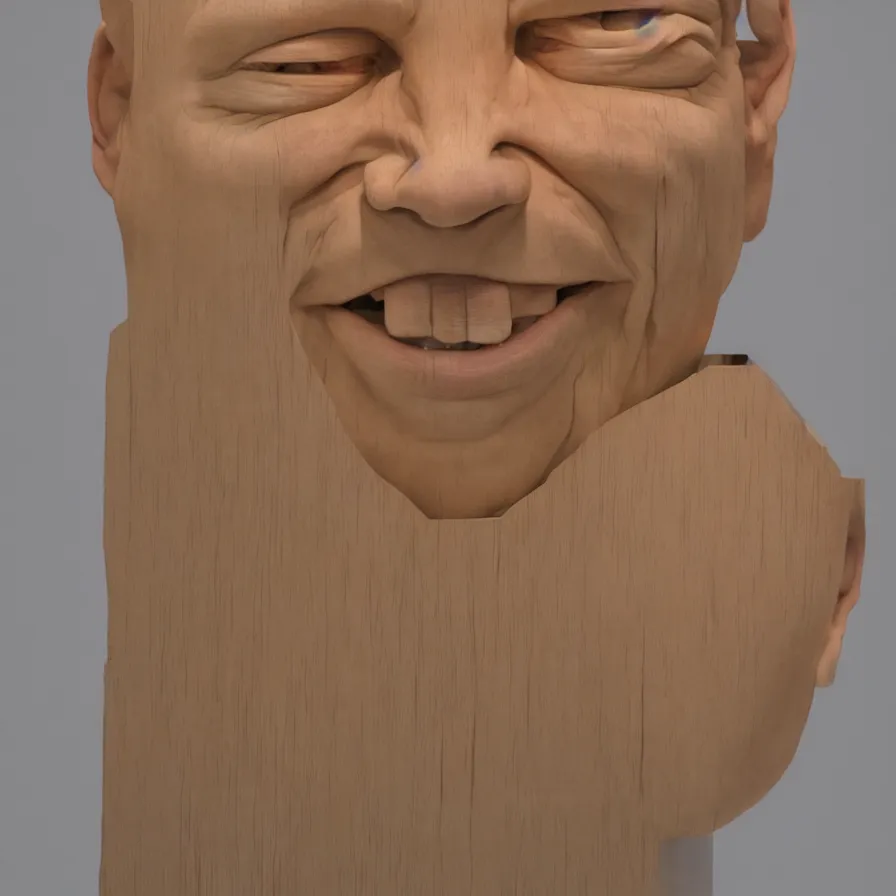 Prompt: hyperrealistic sculpture of a human face smiling carved out of laminated plywood on a pedestal by duane hanson and donald judd, hyperrealistic dramatic colored lighting trending on artstation 8 k