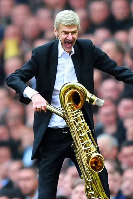 Image similar to a photo of arsene wenger going wild on a saxaphone