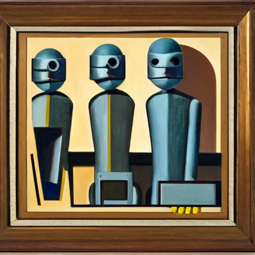 Image similar to three brutalist feline robots portrait, grant wood, pj crook, edward hopper, syd mead, oil on canvas