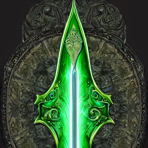 Image similar to symmetric, green fantasy sword, intricate, elegant, highly detailed, digital painting, 4k, HDR, concept art, detailed jewelry, smooth, sharp focus, illustration, matte finish, high contrast, 3d depth, masterpiece, vivid colors, artstationhd