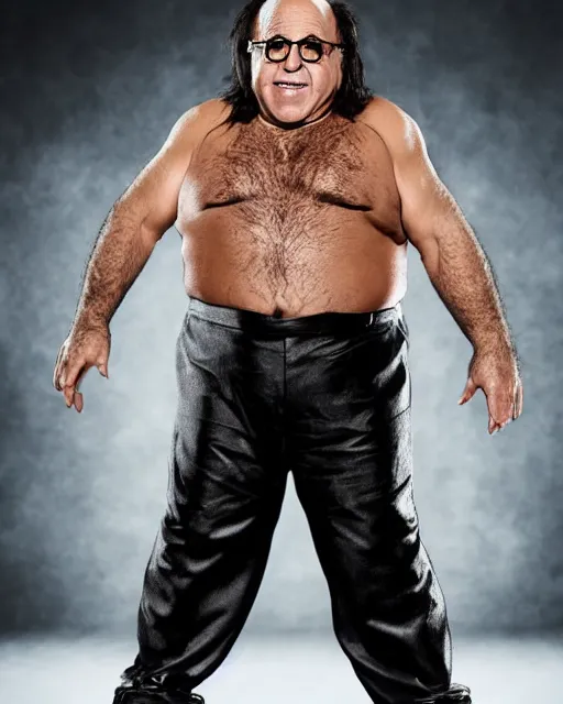 Image similar to portrait of danny devito as a wwe professional wrestler. photographic, photography