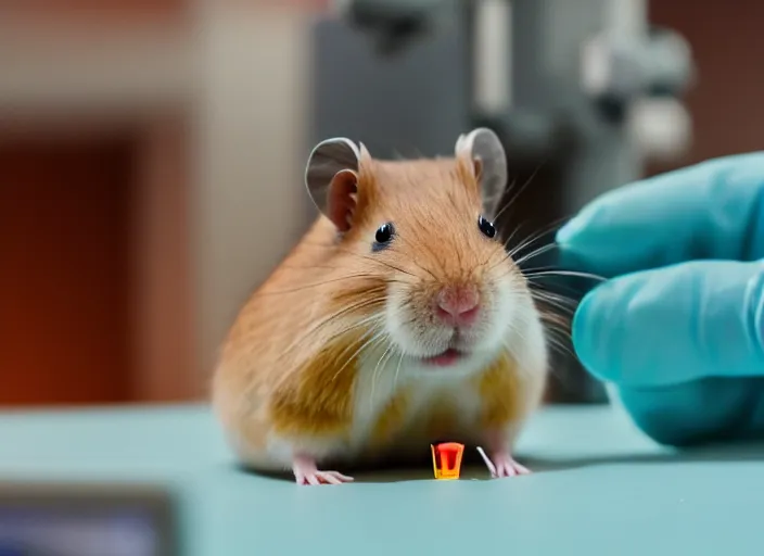 Image similar to film still of a hamster working in a research lab using a tiny microscope, 8 k