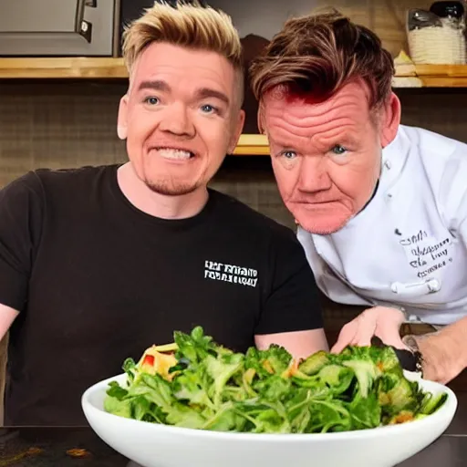Image similar to Jacksepticeye cooks a 5 star meal, Gordon Ramsay is impressed and in shock