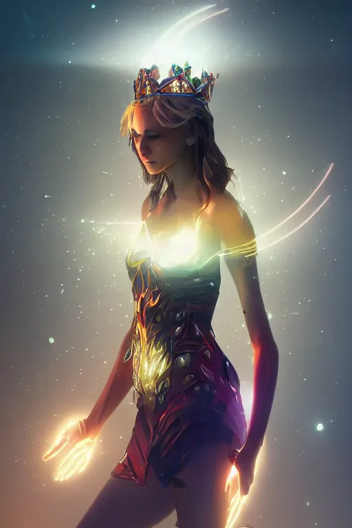 Image similar to Queen of the Multiverse, glowing lights. youthful attractive, seductive, rule of thirds, portrait, photo realistic by Yaşar VURDEM , artstation, unreal engine, character concept art. sz Zak and Taro Okamoto and Gal Barkan, high quality printing, fine art with subtle redshift rendering
