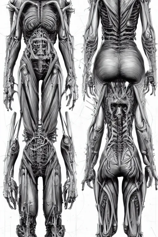 Prompt: she devil with gunmetal grey skin, medical anatomy, very symmetrical face, highly detailed, mecha, three - perspective / three - view reference sheet ( front / back / side ), in the style of dan ouellette, hr giger, sil from species, dren from splice, biomechanical, artstation, unreal engine