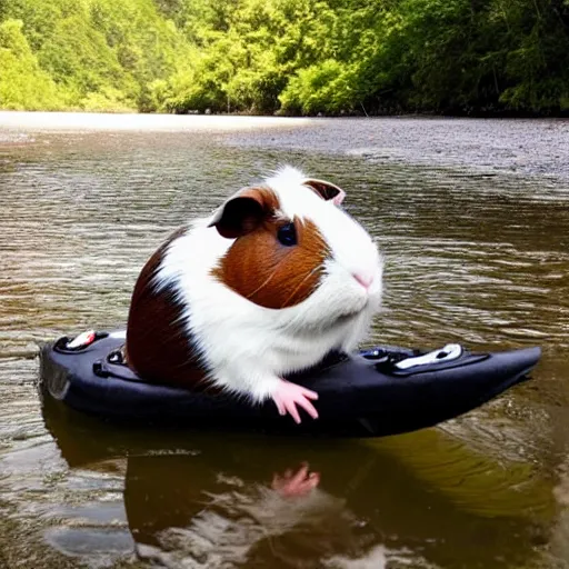 Prompt: a guinea pig sitting on a kayak on a calm stream