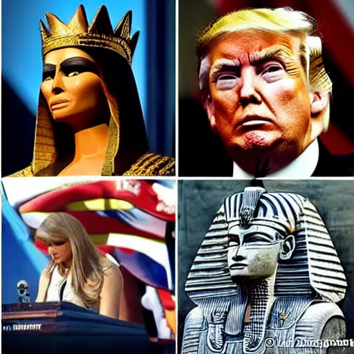 Image similar to donald trump as pharaoh, melania trump as egyptian queen, elegant, majestic, powerful, pyramids, anunaki, hieroglyphs, lush, rainforest, river, green, river god, wilbur smith, gold, trump tower