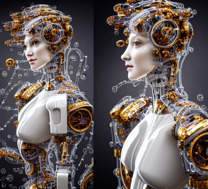 Image similar to beautiful cybernetic baroque robot, beautiful baroque porcelain face + body is clear plastic, inside organic robotic tubes and parts, symmetric, front facing, wearing translucent baroque rain - jacket + symmetrical composition + intricate details, hyperrealism, wet, reflections + by alfonse mucha and moebius, no blur dof bokeh