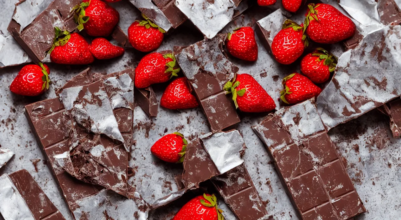 Prompt: A fancy chocolate bar on an opened silver wrapper, with one piece broken off, on a wooden tray, next to sliced strawberries, macro lens product photo