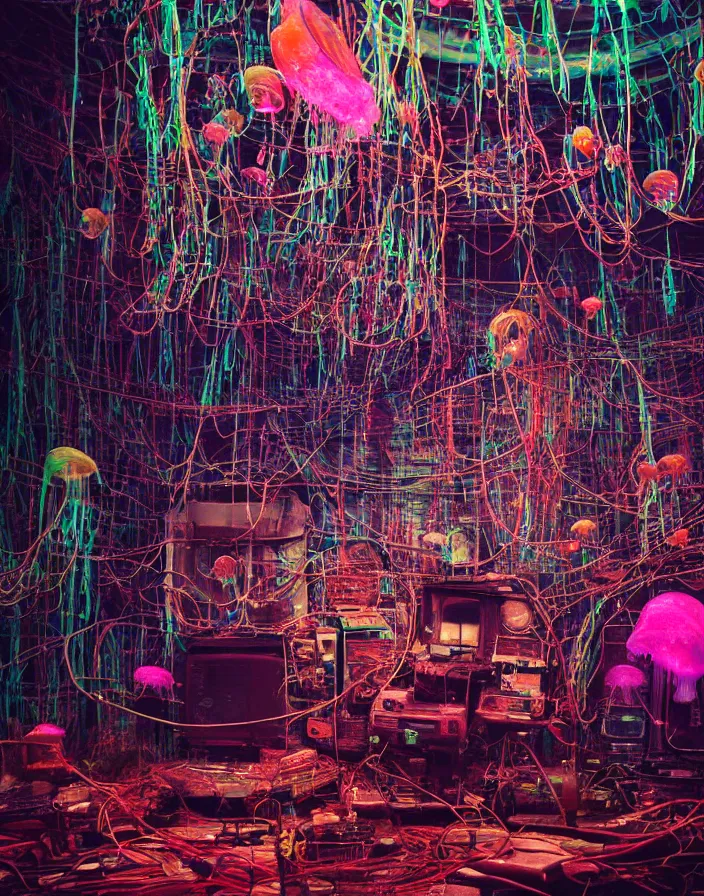 Prompt: a gloomy swamp of rusty wires and CRT Televisions with flying colorful jellyfish, matte painting, cinematic lighting, vibrant colors, high detail, 8k, shot on superia 400 filmstock,