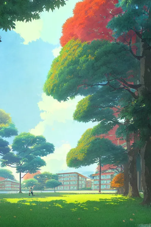 Image similar to a colorful high school building with beautiful trees, morning, by studio ghibli painting, superior quality, masterpiece, traditional Japanese colors, by Grzegorz Rutkowski, concept art