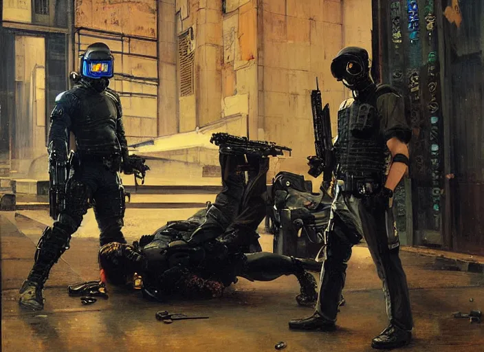 Image similar to Javier evades sgt Griggs. blue Cyberpunk hacker escaping Menacing Cyberpunk police trooper griggs wearing a combat vest. (dystopian, police state, Cyberpunk 2077, bladerunner 2049). Iranian orientalist portrait by john william waterhouse and Edwin Longsden Long and Theodore Ralli and Nasreddine Dinet, oil on canvas. Cinematic, vivid colors, hyper realism, realistic proportions, dramatic lighting, high detail 4k