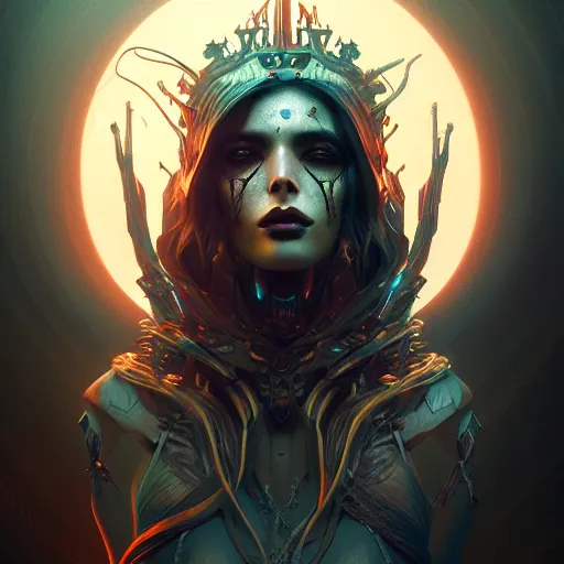 Prompt: queen of death. intricate portrait, occult cyberpunk, ancient futuristic, dark art, occult. by Petros Afshar, by artgerm, by Eddie Mendoza, by Peter mohrbacher, octane render, 3d, unreal engine, depth of field, bokeh, motion blur, blur