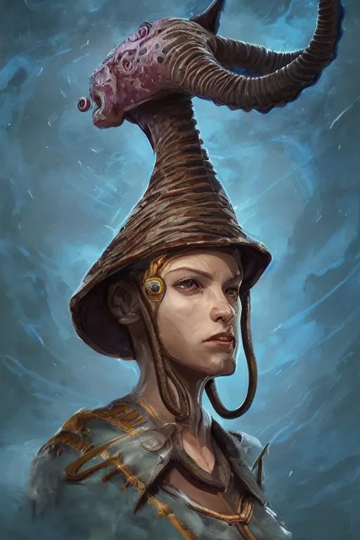 Image similar to portrait of the Plectronoceras cephalopod wizard wearing the epic artifact headgear by artgerm and Craig Mullins, James Jean, Andrey Ryabovichev, Mark Simonetti and Peter Morbacher 16k