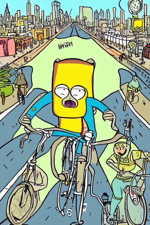 Image similar to illustration of an original character riding a bike in the big city, in the style of adventure time, by pendleton ward