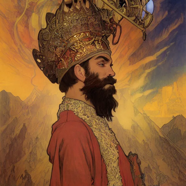 Prompt: an aesthetic! a detailed portrait of a man in a long beard, with a crown, holding a lantern with mountains of gold in the background, surrounded by his family, by frank frazetta and alphonse mucha, oil on canvas, art nouveau dungeons and dragons fantasy art, hd, god rays, ray tracing, crisp contour lines, huhd