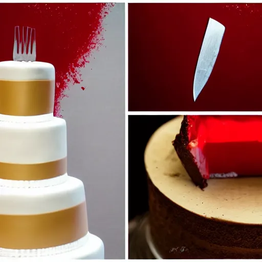 Prompt: 4 stage wedding cake knife slice with blood dripping from the slice in a salvador dali style