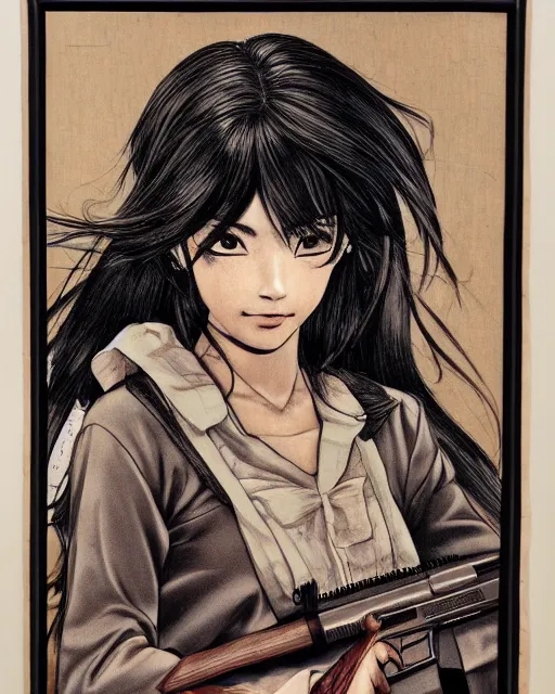 Prompt: portrait of a girl holding a pistol, detailed manga art panel, professional