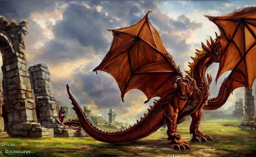 Prompt: Colossal dragon on ancient ruins. By Konstantin Razumov, highly detailded
